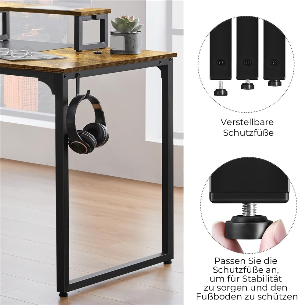 Thumbnail 4 de Yaheetech Schreibtisch Computertisch Rustikales Braun mit 2 Monitorhalterungen, Kabeldurchführungen & Kopfhörerhaken – 140 × 60 × 89,5 cm