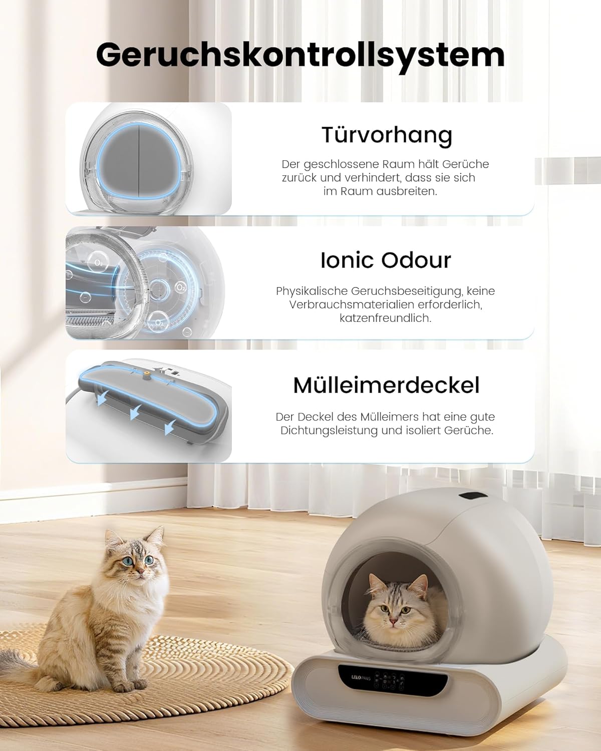 Thumbnail 2 de LELO PAWS Selbstreinigende Katzentoilette XXL – 65 L Innenraum, App-Überwachung, Türvorhang, Grau