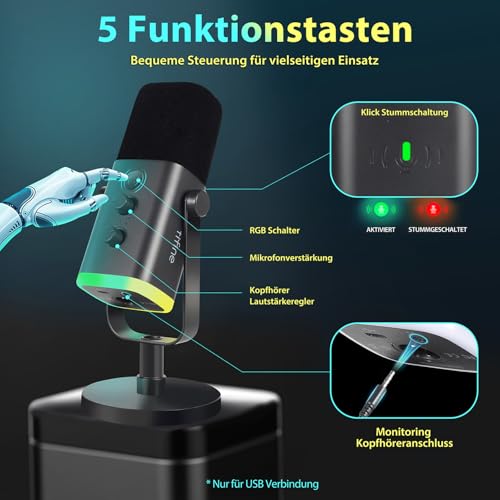 Detalle de FIFINE XLR Gaming Mikrofon – USB/XLR, Stummschalttaste, RGB-Lichtring für Streaming, Podcast & Studio