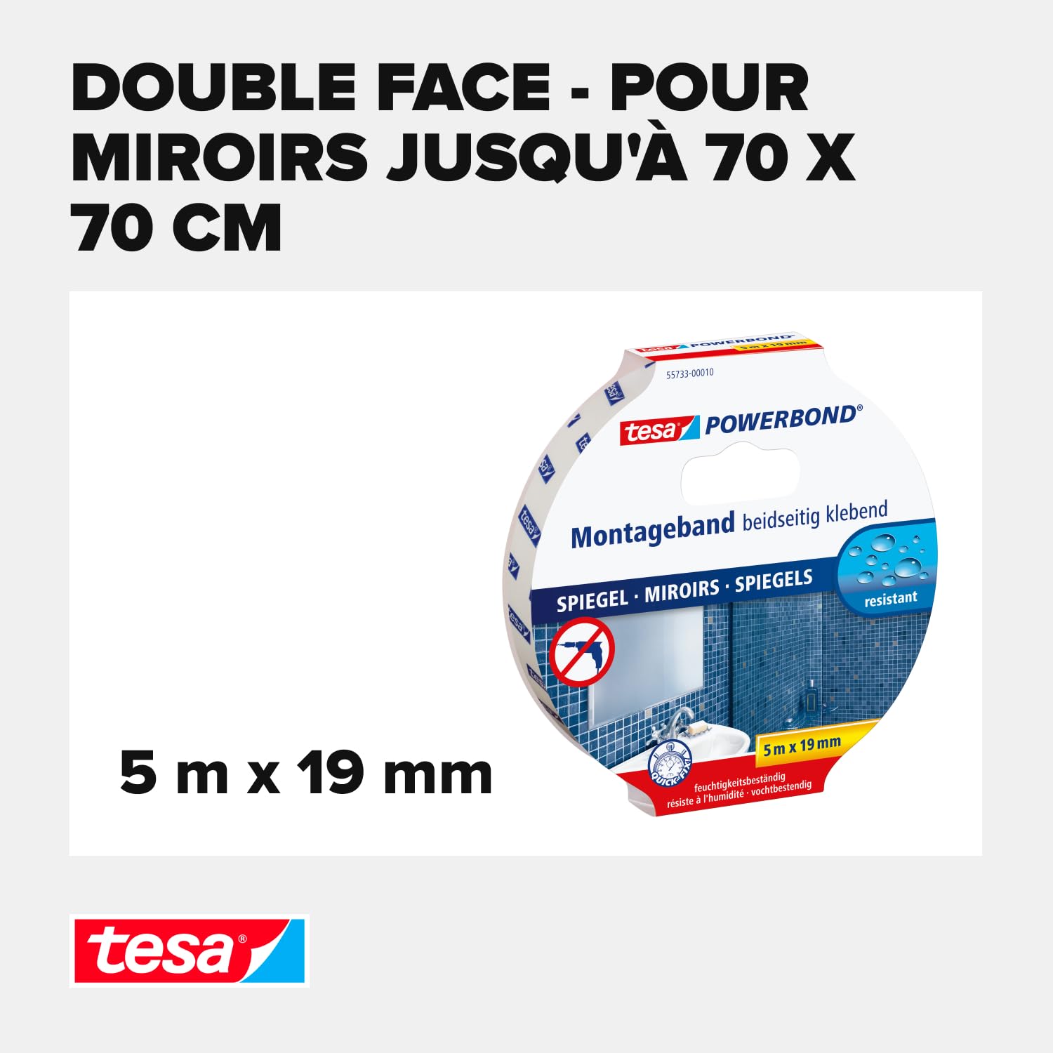 Detalle de tesa Double-Face Montage Miroirs – Ruban adhésif pour fixation sans vis en pièces humides (5 m x 1,9 cm)