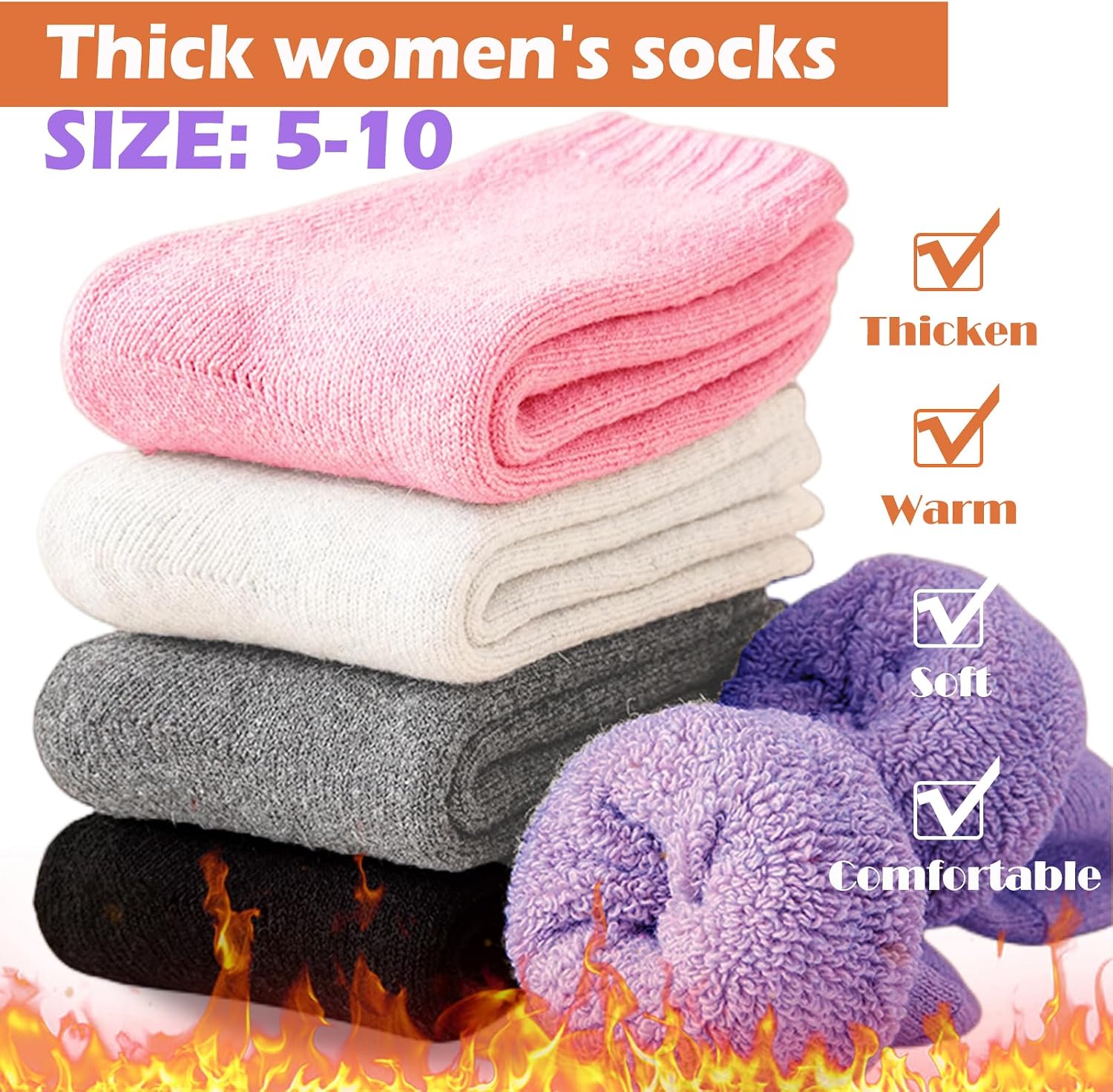 Detalle de VoJoPi Women's Wool Socks, 5-Pair Thermal Crew Boot Socks, Size 5–10
