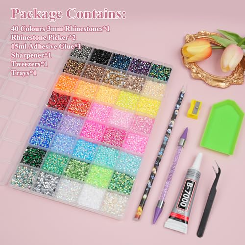 Detalle 2 de EARLMONI Resin Rhinestones Bedazzling Kit with B7000 Glue, 40 Colours, 3mm – Nail Art Gemstones