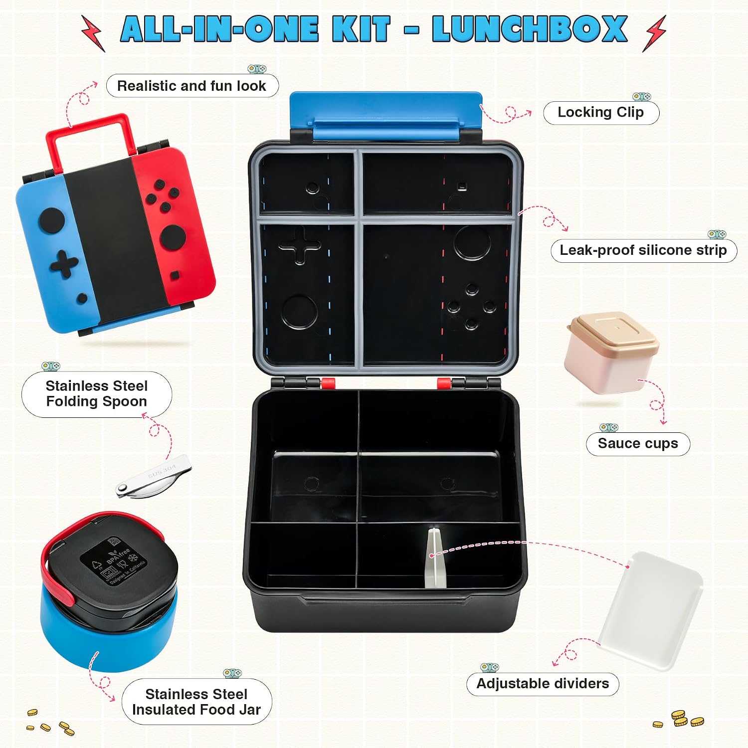 Thumbnail 1 de FAJSL Game Bento Box for Kids: Complete 9 oz Insulated Lunch Box Set (Blue-Red)