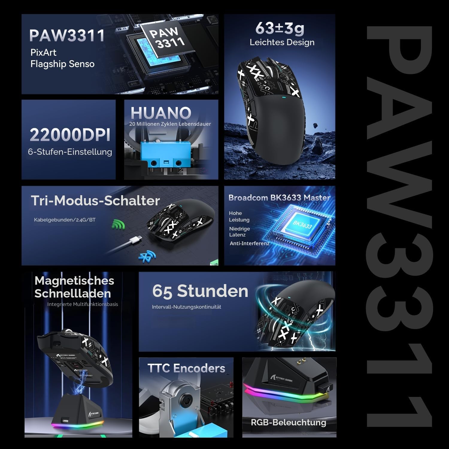 Detalle de ATTACK SHARK X11 Gaming-Maus mit magnetischer Ladestation (PixArt PAW3311), 22.000 DPI, 3 Modi