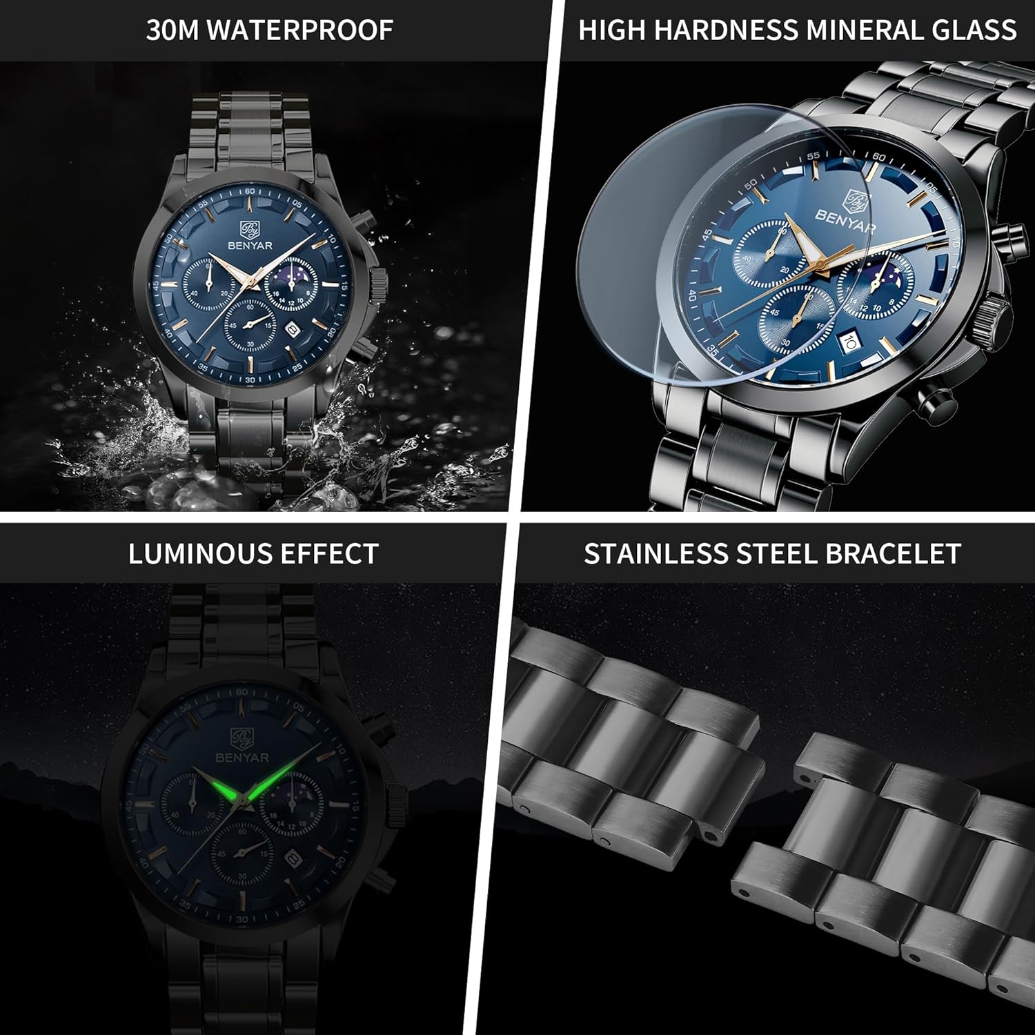 Detalle de BENYAR BY Uhren Herren Chronograph Analog Quarz – Wasserdicht, Datum, Elegante Herrenuhr