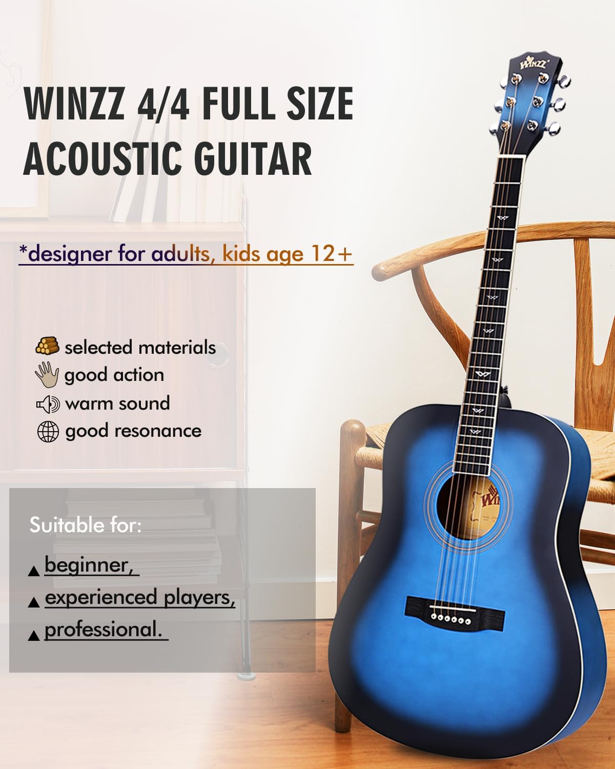 Detalle de Winzz Akustikgitarren 4/4 Blau – 41 Zoll für Anfänger inklusive Komplett-Set