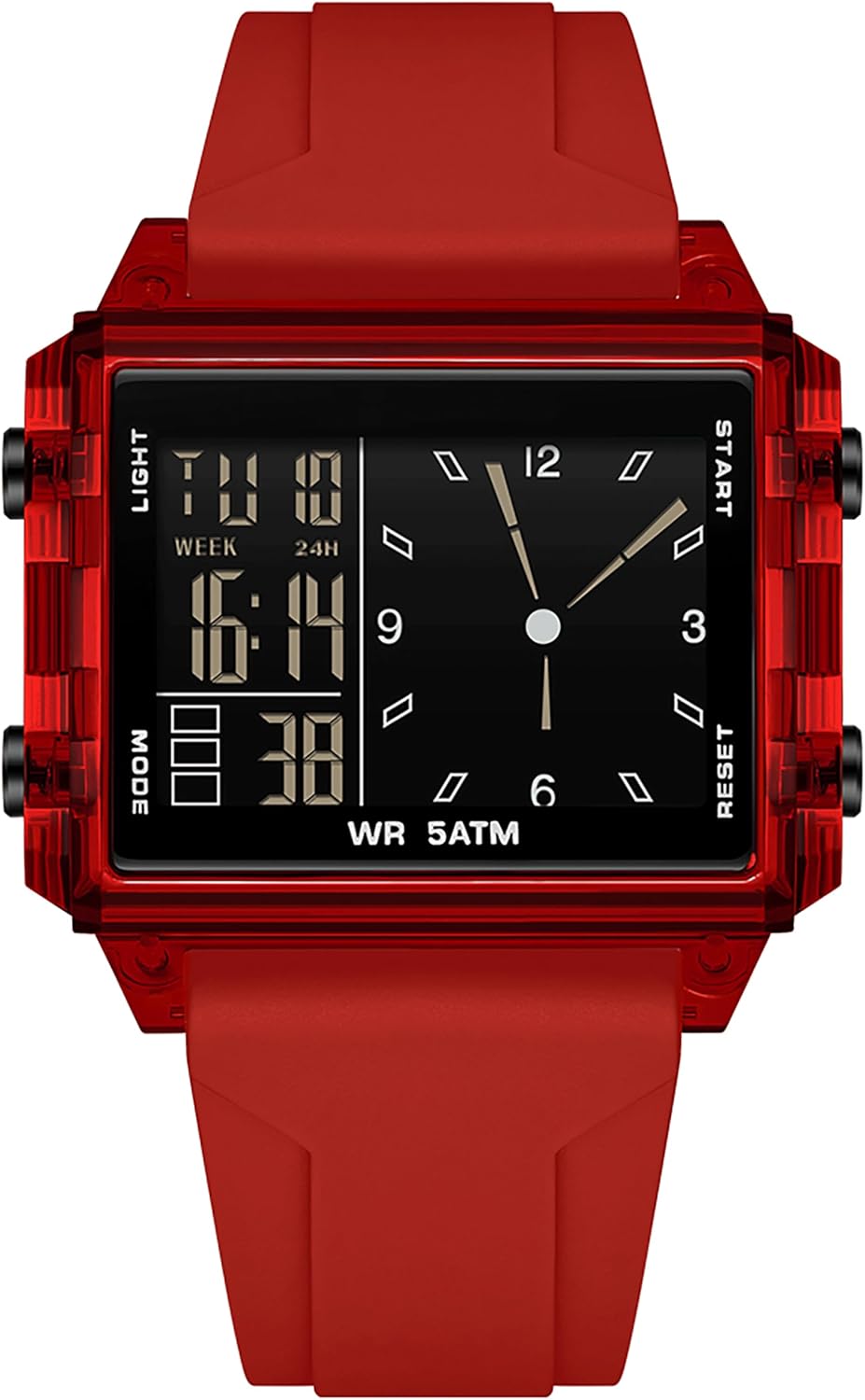 Detalle de findtime Rechteckige Armbanduhr Sportuhr – Hybrid aus Digital- und Analoganzeige mit Silikonarmband