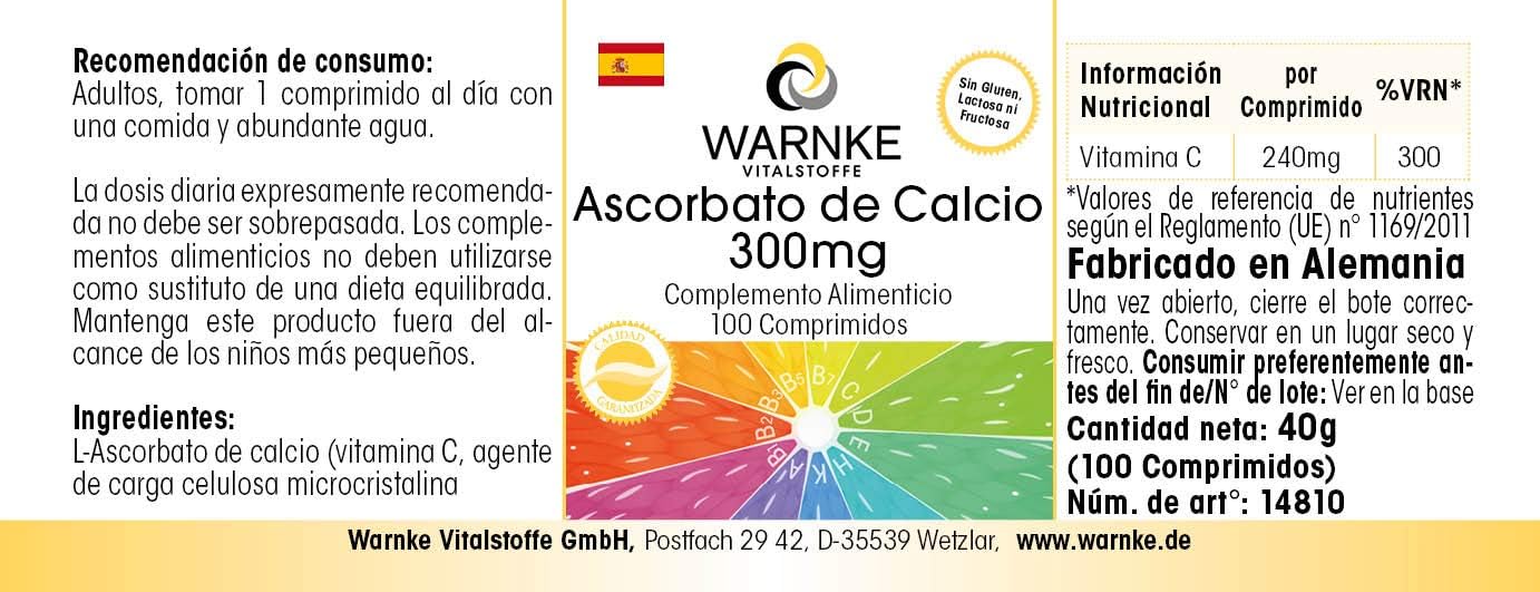 Thumbnail 4 de Warnke Vitalstoffe Ascorbato de Calcio 300 mg Vegana 100 comprimidos 🍊