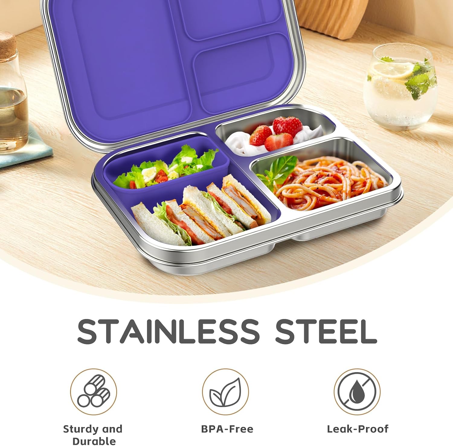 Thumbnail 2 de BOSEDSANG Stainless Steel Kids Leak-Resistant Bento Lunch Box (3 Compartments) - Purple