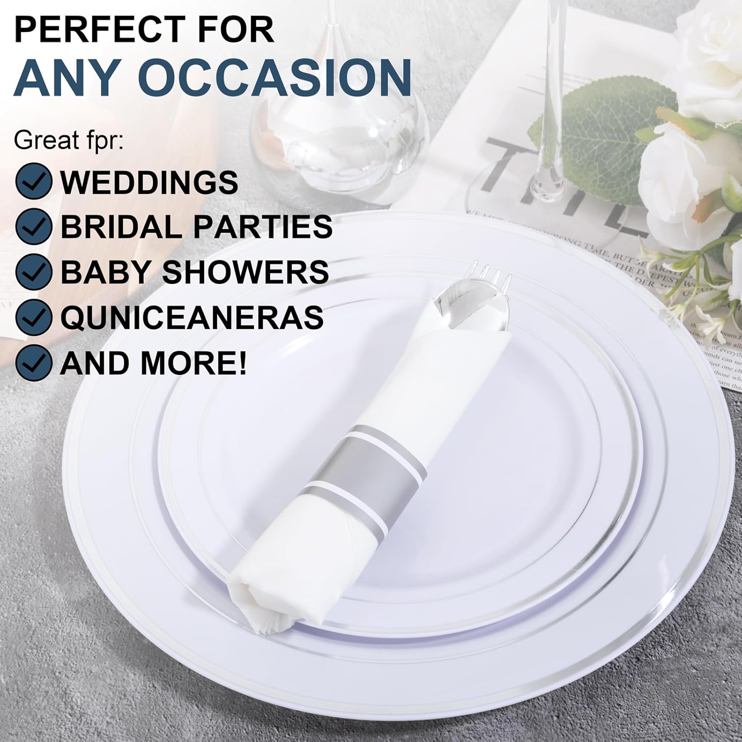 Detalle de Joyido 200 Guests Pre-Rolled Silver Plastic Silverware Set (200-Piece Pack with Napkins)