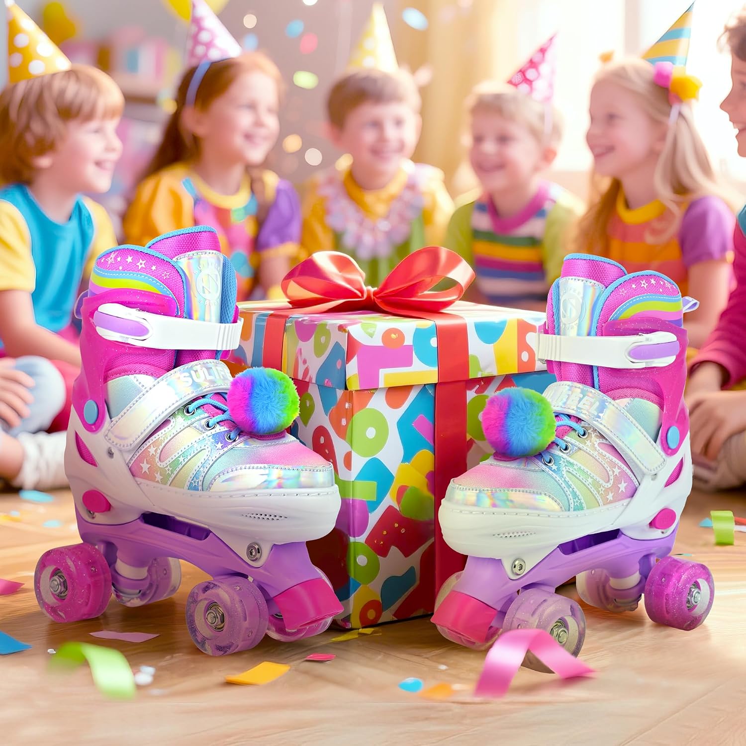 Thumbnail 6 de SULIFEEL Rainbow Tie-Dye Adjustable Roller Skates for Kids — Light-Up, Triple Protection, Indoor/Outdoor Fun