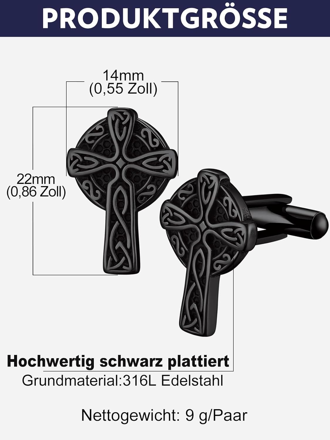 Detalle de Bandmax Manschettenknöpfe Herren aus Edelstahl im Wikinger-Design (Kreuz), silbern/schwarz