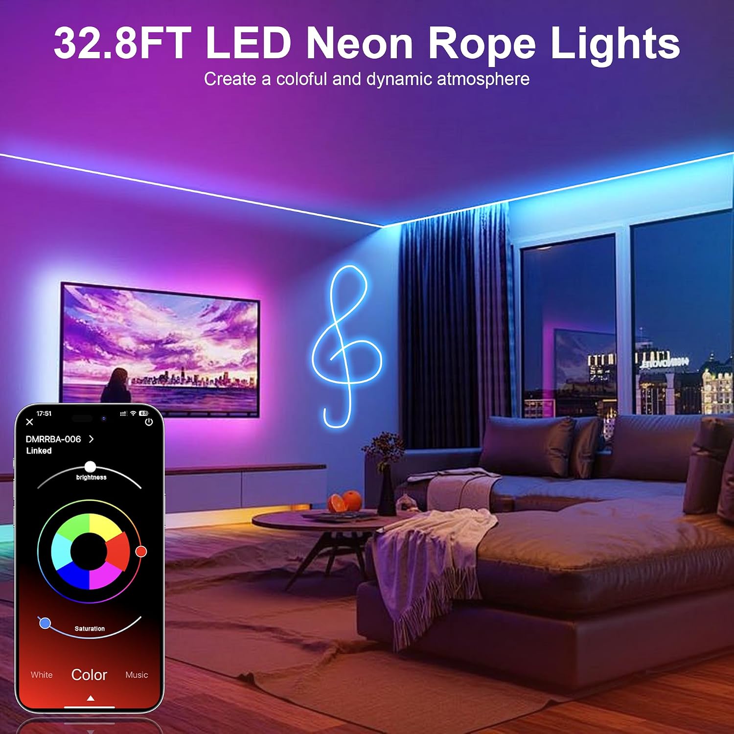 Detalle 2 de Mexllex LED Neon Rope Lights 10M — Flexible RGB Neon Strip with App & Remote