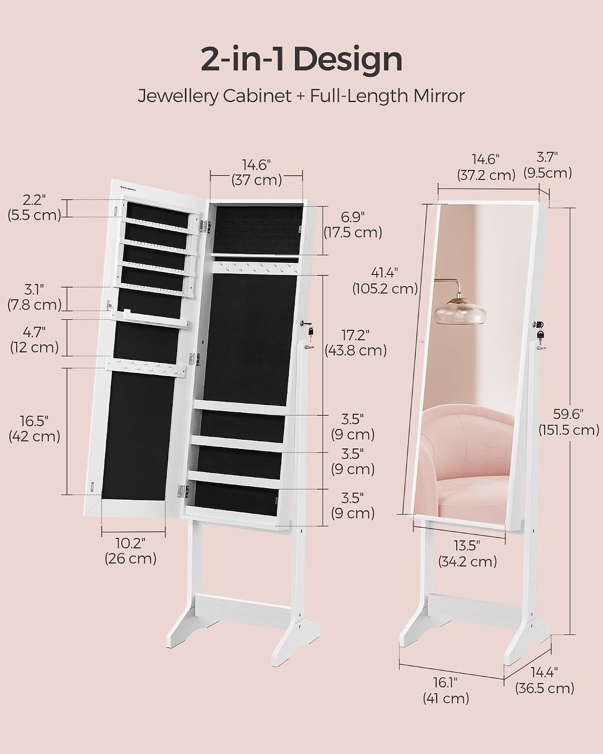 Thumbnail 4 de SONGMICS Mirror Jewellery Cabinet Armoire JJC69WT: Standing Full-Length Mirror with Lockable Jewellery Organiser