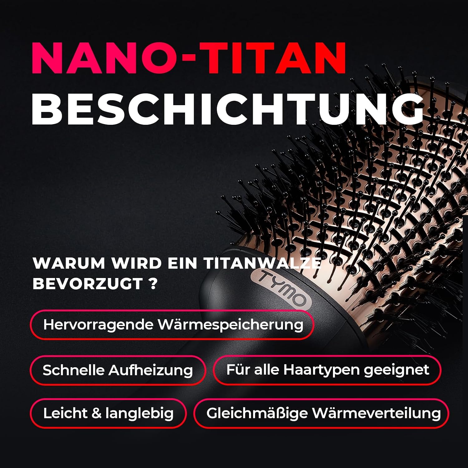 Detalle 2 de TYMO Warmluftbürste Rundbürstenföhn – 4-in-1 Haarstyler mit Titanbeschichtung und Negativ-Ionen