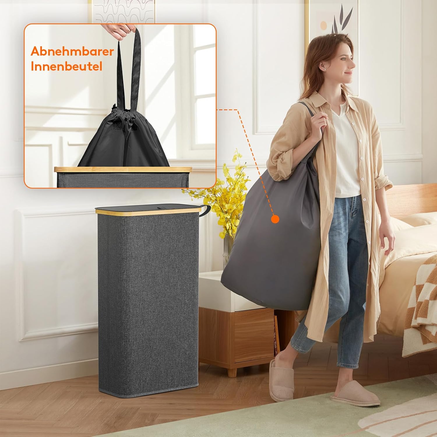 Thumbnail 3 de Lifewit 65L Wäschekorb Schmal mit Deckel – faltbar, mit Innentasche, dunkelgrau