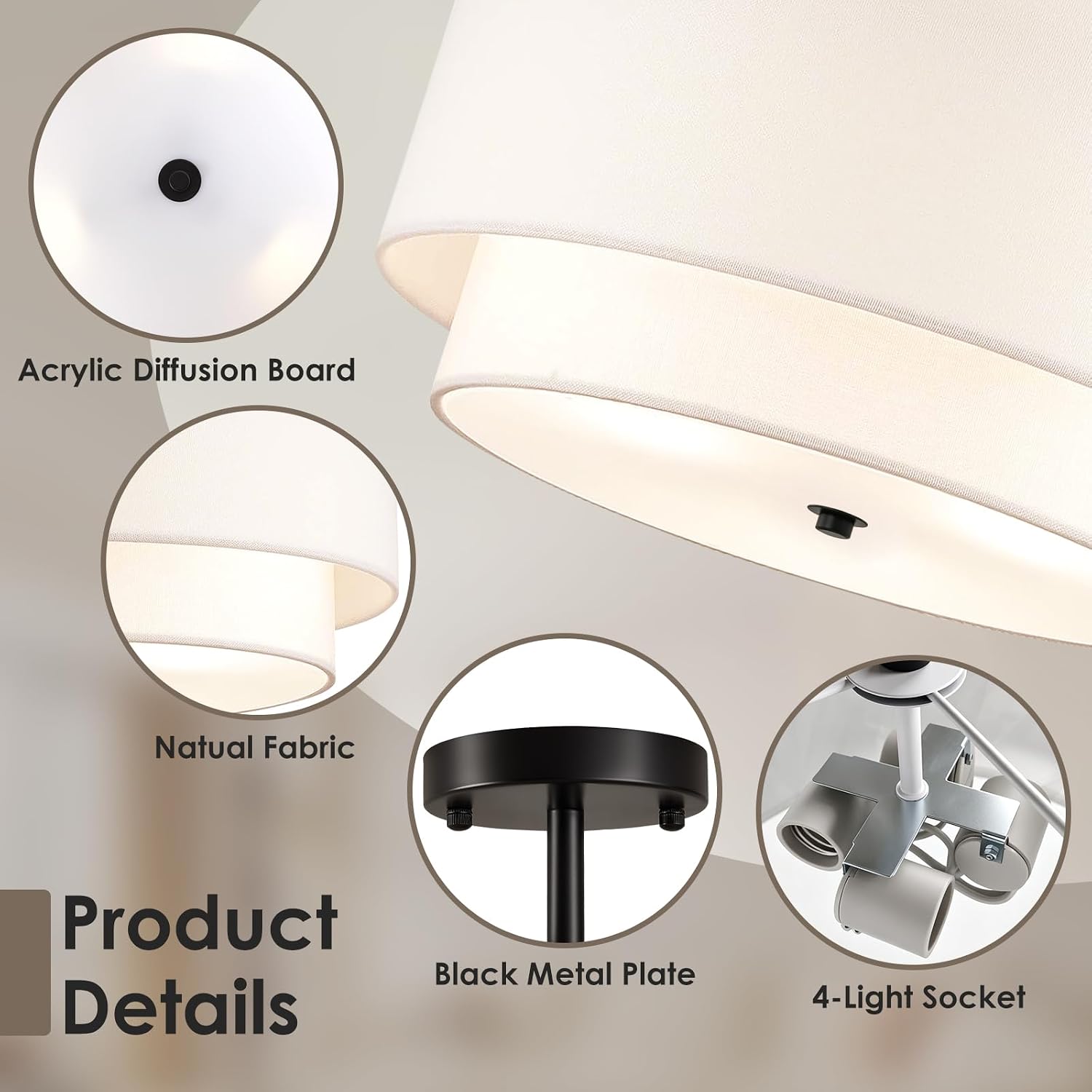 Detalle 2 de Maichixin 18-Inch Semi-Flush Mount Ceiling Light, 4-Light, White Fabric Shade