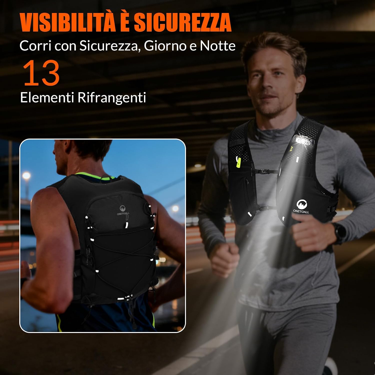 Detalle 2 de ONETOALL Gilet Running con Zaino Trail 2 Borracce 500 ml + Luce LED Ricaricabile