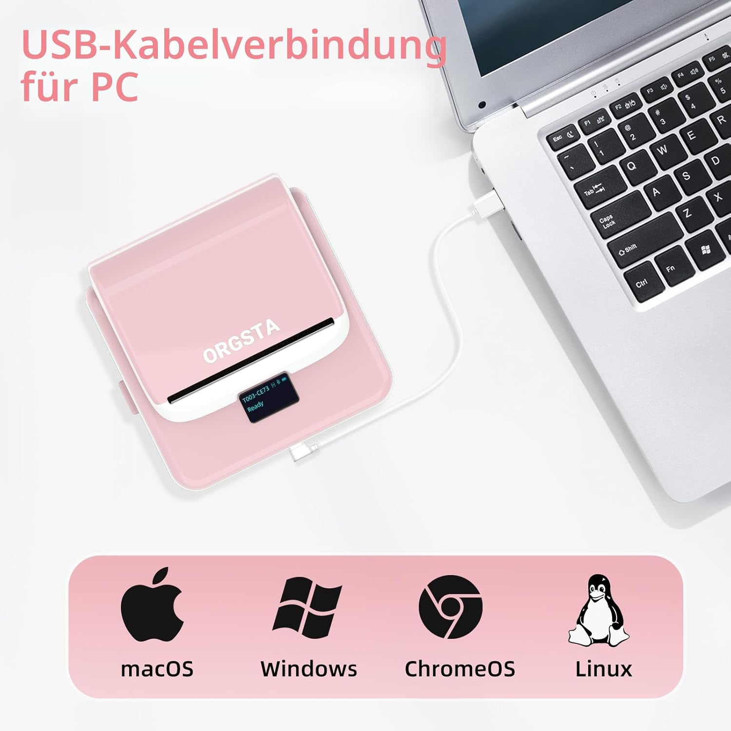 Detalle de ORGSTA T003 Etikettendrucker – tragbar, Bluetooth & USB, 20–80 mm Breite, 50 mm/s, OLED-Display