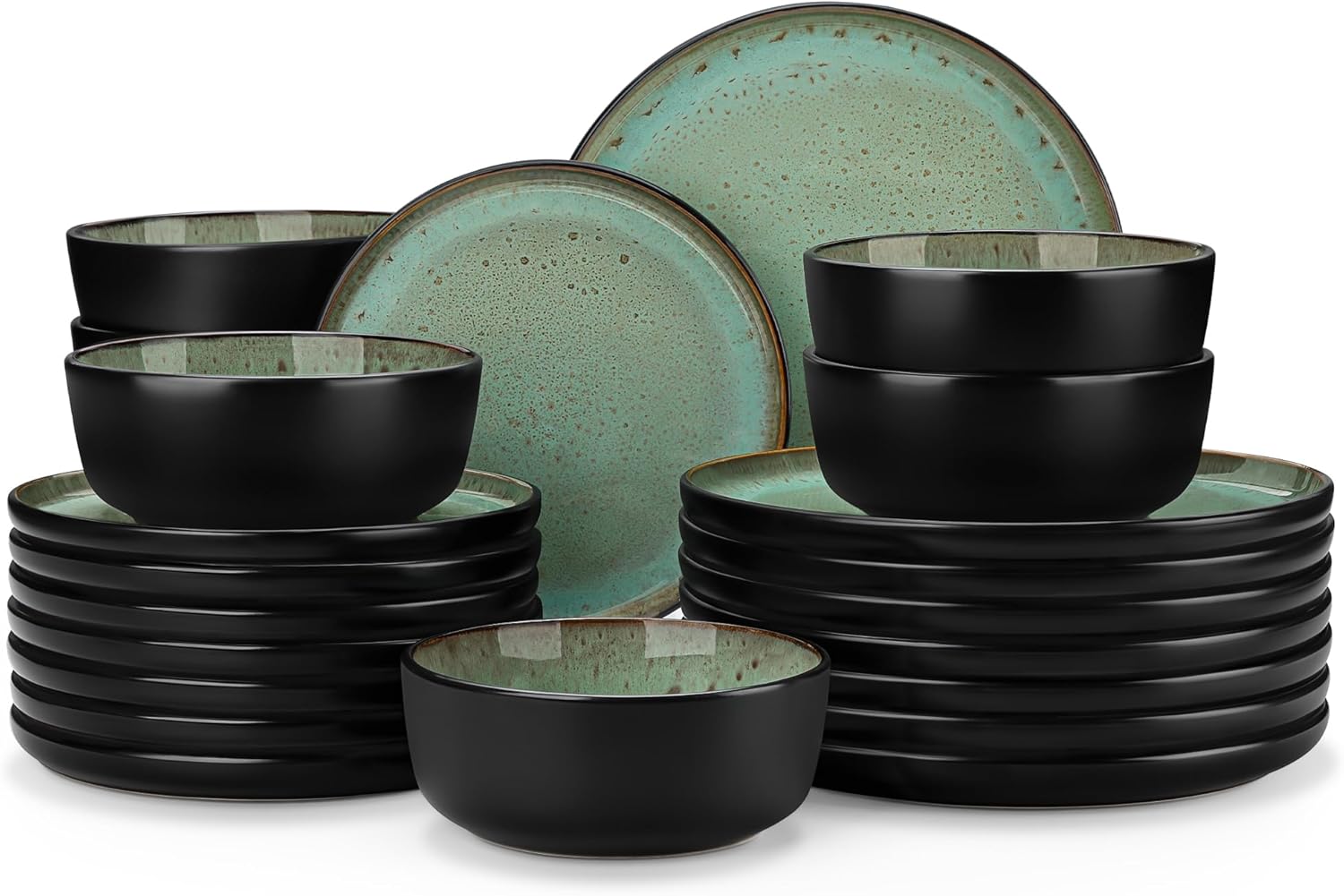 Detalle de vancasso AMBER Series Turf Green Stoneware Dinnerware Set (24-Piece: Plates & Bowls) — Microwave & Dishwasher Safe