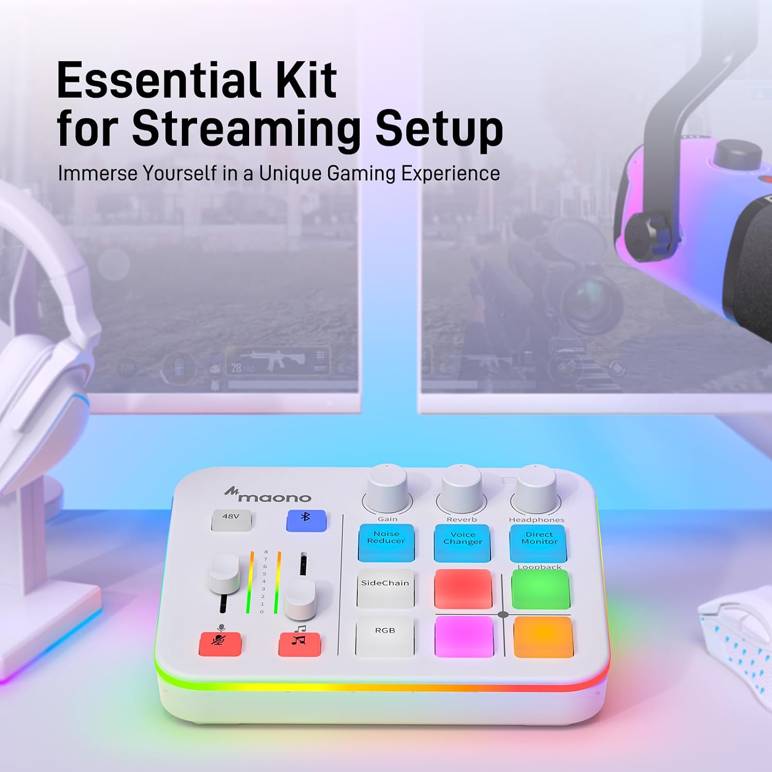 Detalle 2 de MAONO G1 NEO White Gaming Audio Mixer with XLR, 48V and RGB
