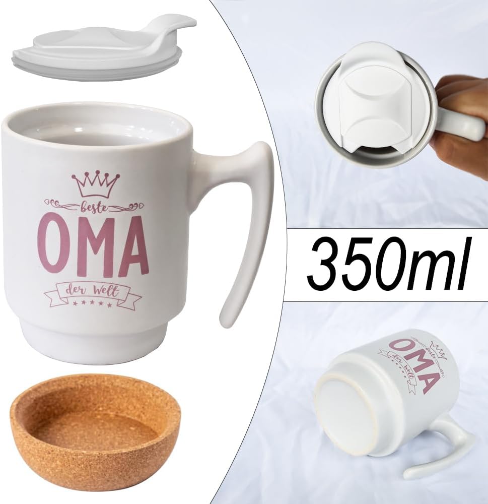 Detalle de Muttertagsgeschenk Oma: Tasse mit Deckel und Untersetzer – 350 ml, „Beste Oma der Welt“