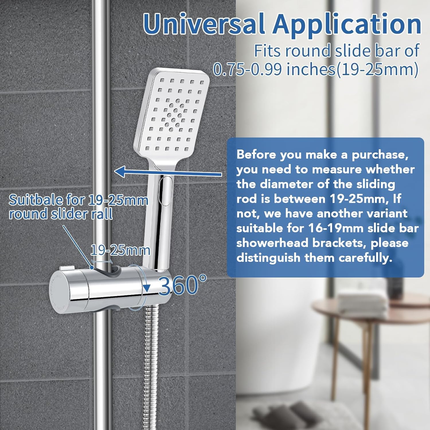 Detalle 2 de Joyoldelf 19-25MM Adjustable ABS Shower Rail Head Holder – Chrome Plated