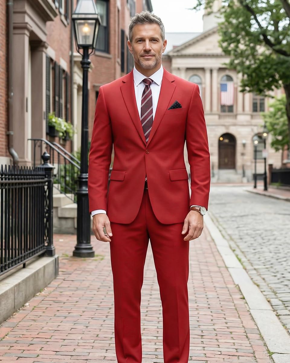 Detalle de WYWK Men's Slim-Fit Suit with Solid-Colour Blazer, Pants, Tie & Pocket Square