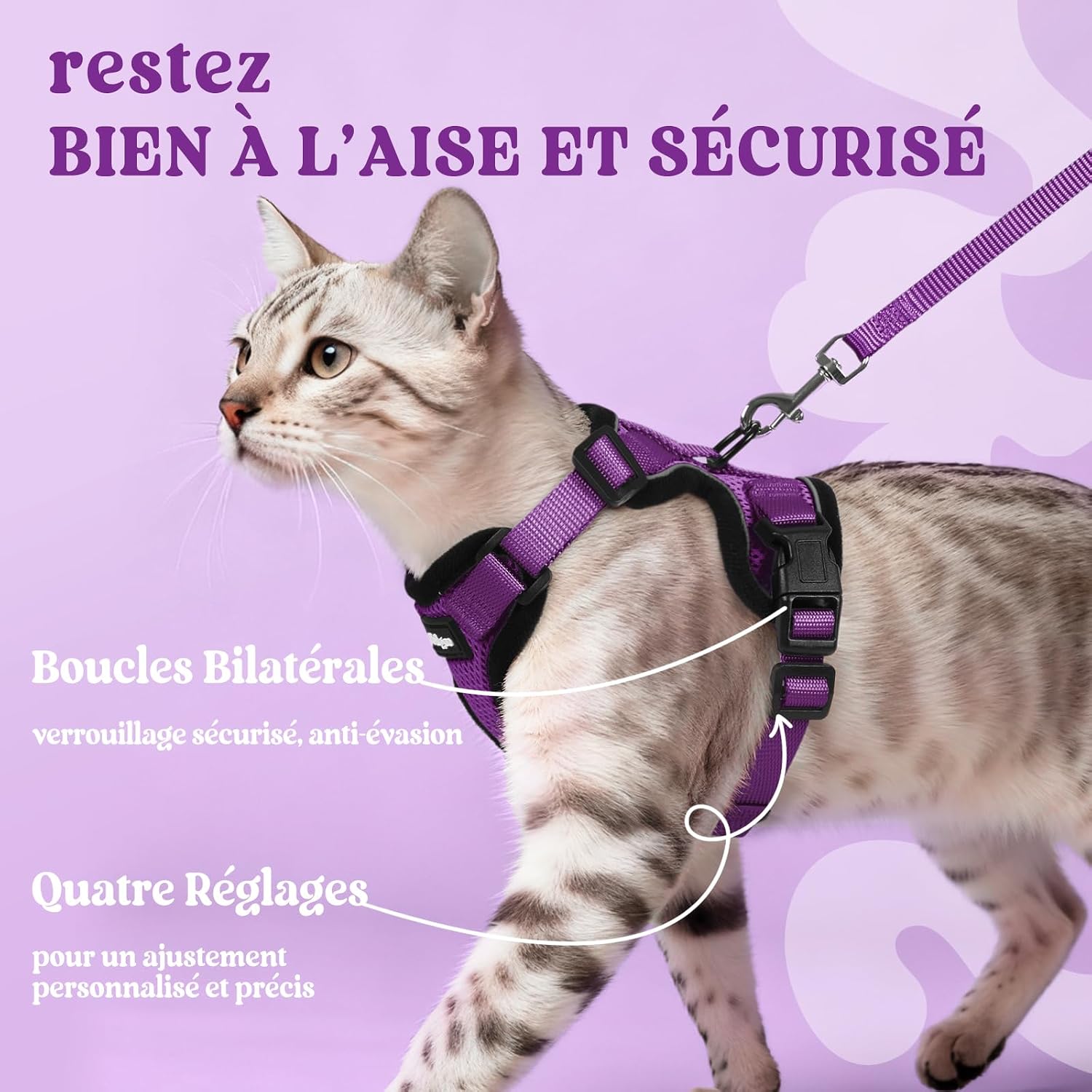 Thumbnail 5 de rabbitgoo Harnais et laisse pour chat violet taille XS : harnais souple réglable anti-fugue