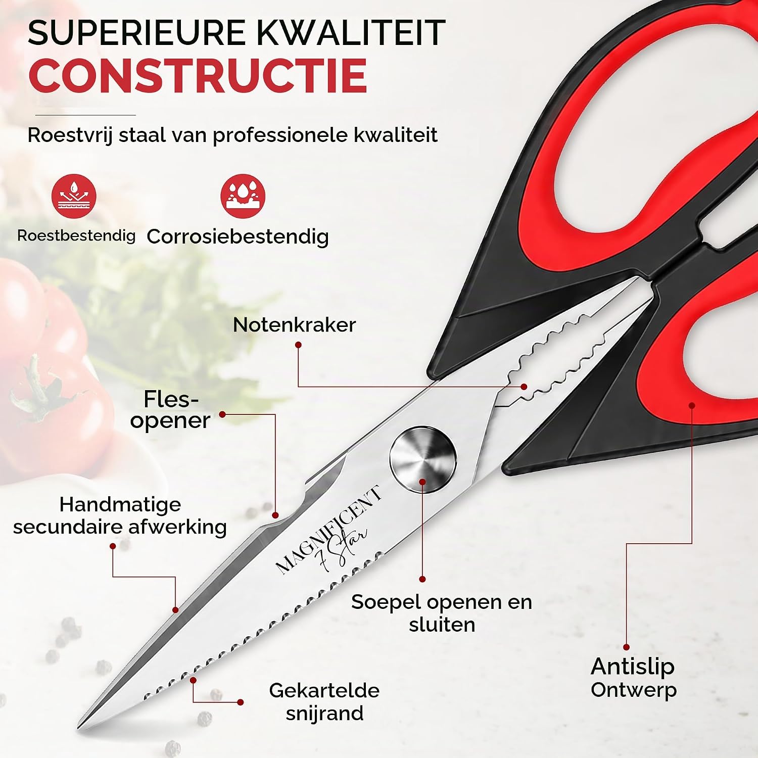 Detalle de MAGNIFICENT 7 STAR keukenschaar met softgrip, kartelrand en veiligheidskap