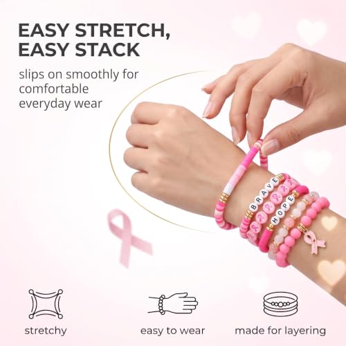 Detalle de DUFYOC Ensemble de 7 Bracelets Octobre Rose — Ruban rose et perles, soutien Cancer du Sein