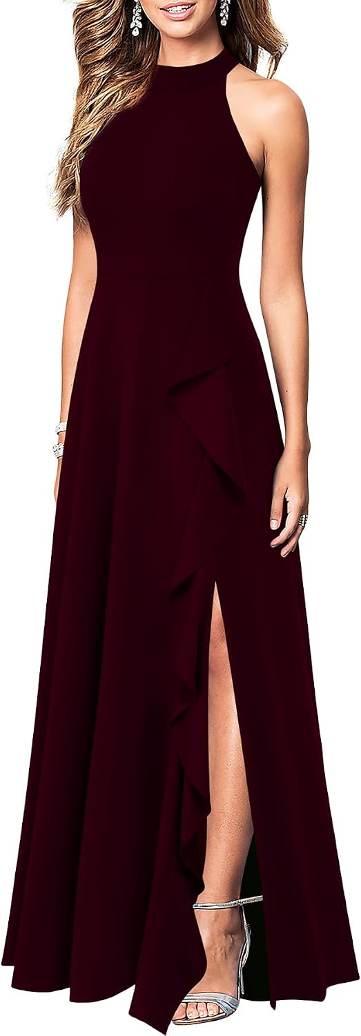 Detalle de WOOSEA Women's High Neck Sexy Split Evening Maxi Dress