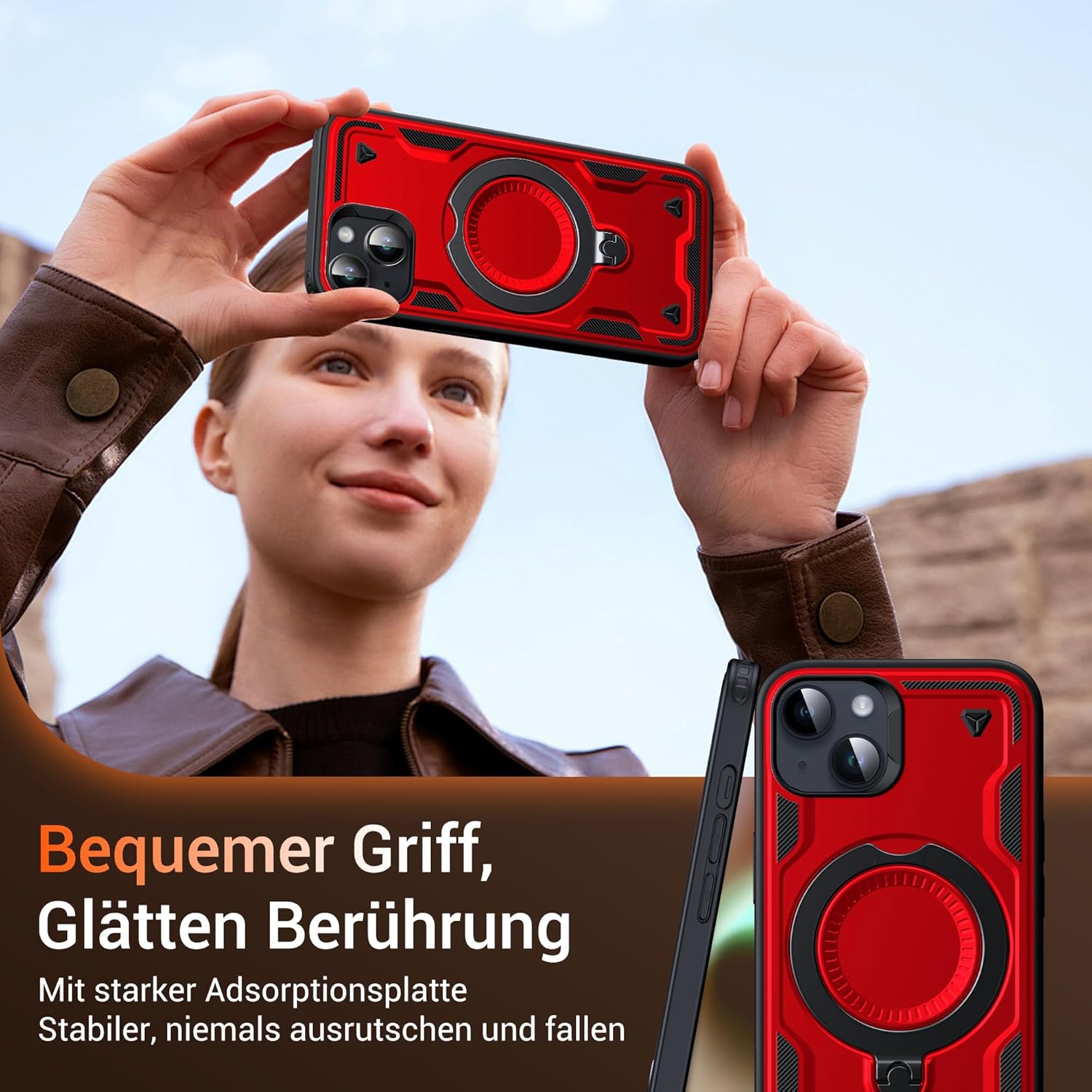 Thumbnail 5 de WYUIC Hülle für iPhone 15 (6,1 Zoll) mit rotierbarem Magnetring-Ständer und Magsafe-Schutz – rot