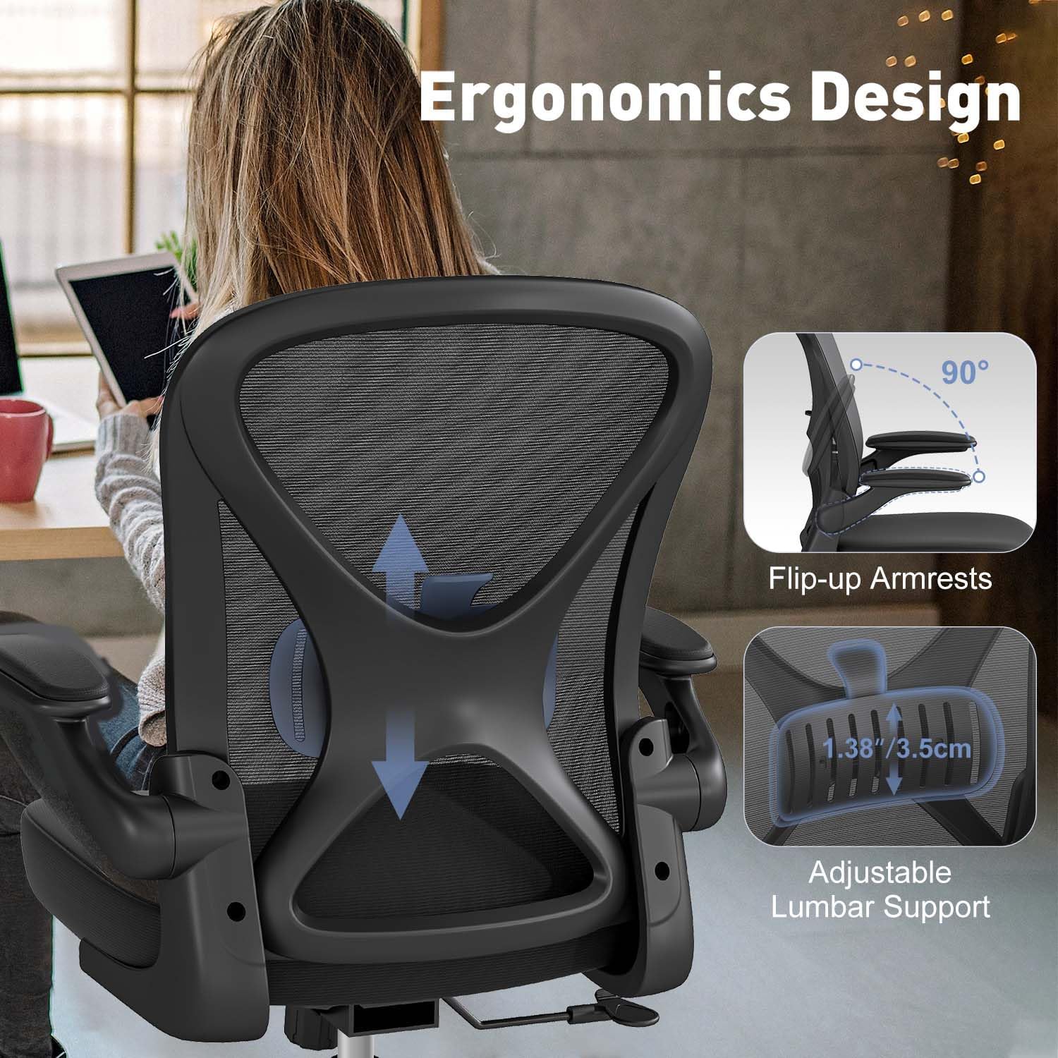 Thumbnail 4 de ZZH Ergonomic Mesh Office Chair with Adjustable Lumbar Support & Flip-up Arms (Black)
