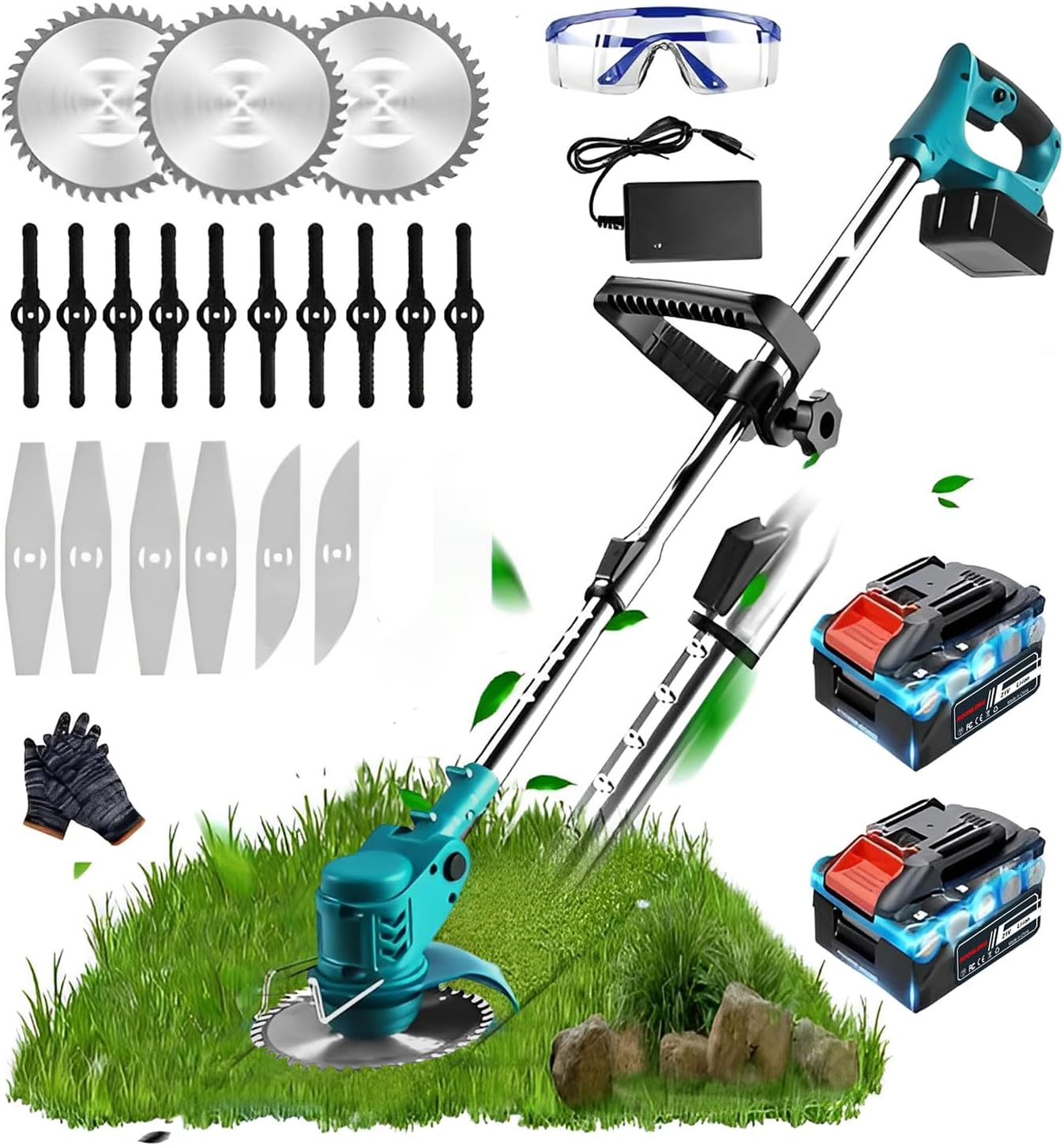 Akku-Rasentrimmer für Makita-Akkus (21 V) mit 2× 4.000 mAh, Ladegerät und 90°-Drehkopf