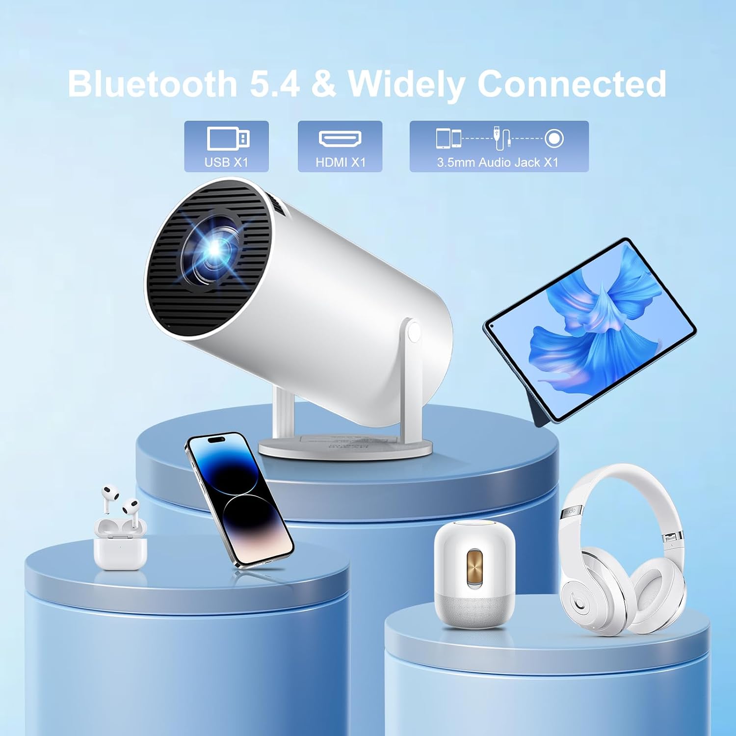 Detalle de ZDSSY Mini Projector for Bedroom: 4K/8K Support, Android 14, WiFi 6 & BT 5.4, Auto Keystone, 180° Rotation