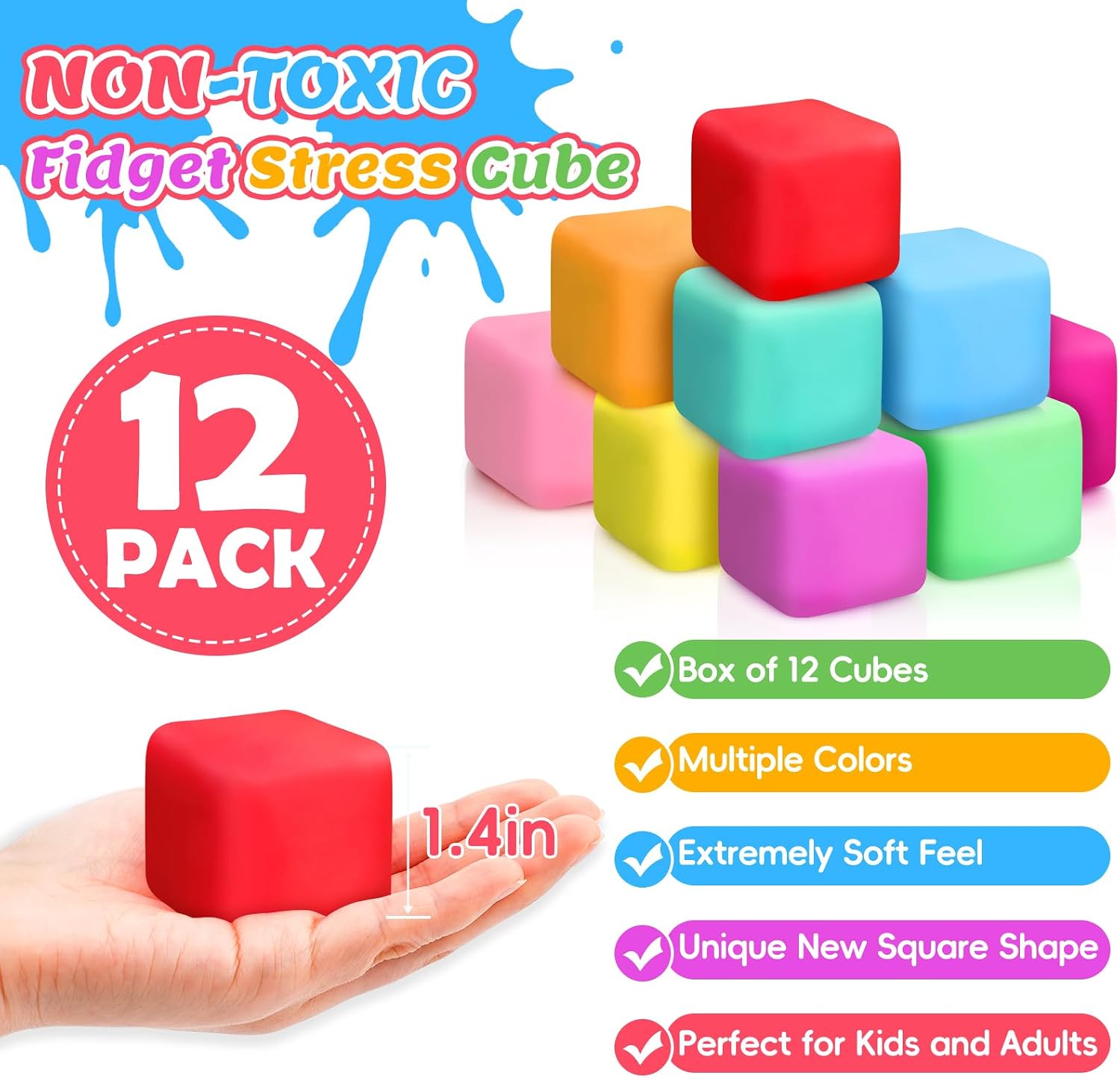 Thumbnail 1 de VISCOO Slow Rising Stress Cubes, 12-Pack in 12 Colors, 1.4-Inch TPR