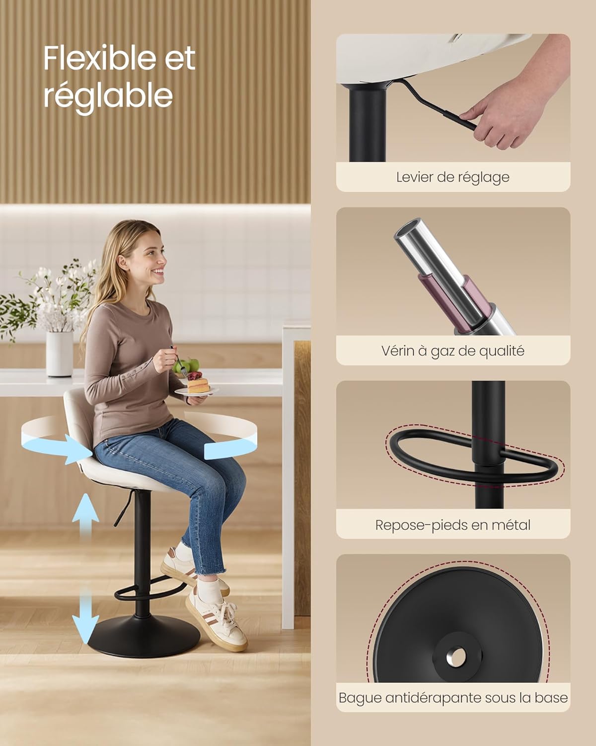 Thumbnail 6 de VASAGLE Tabourets de Bar avec Dossier – Hauteur Réglable, Rotation à 360°, Velours Blanc Crème (Lot de 2) LJB161WD01