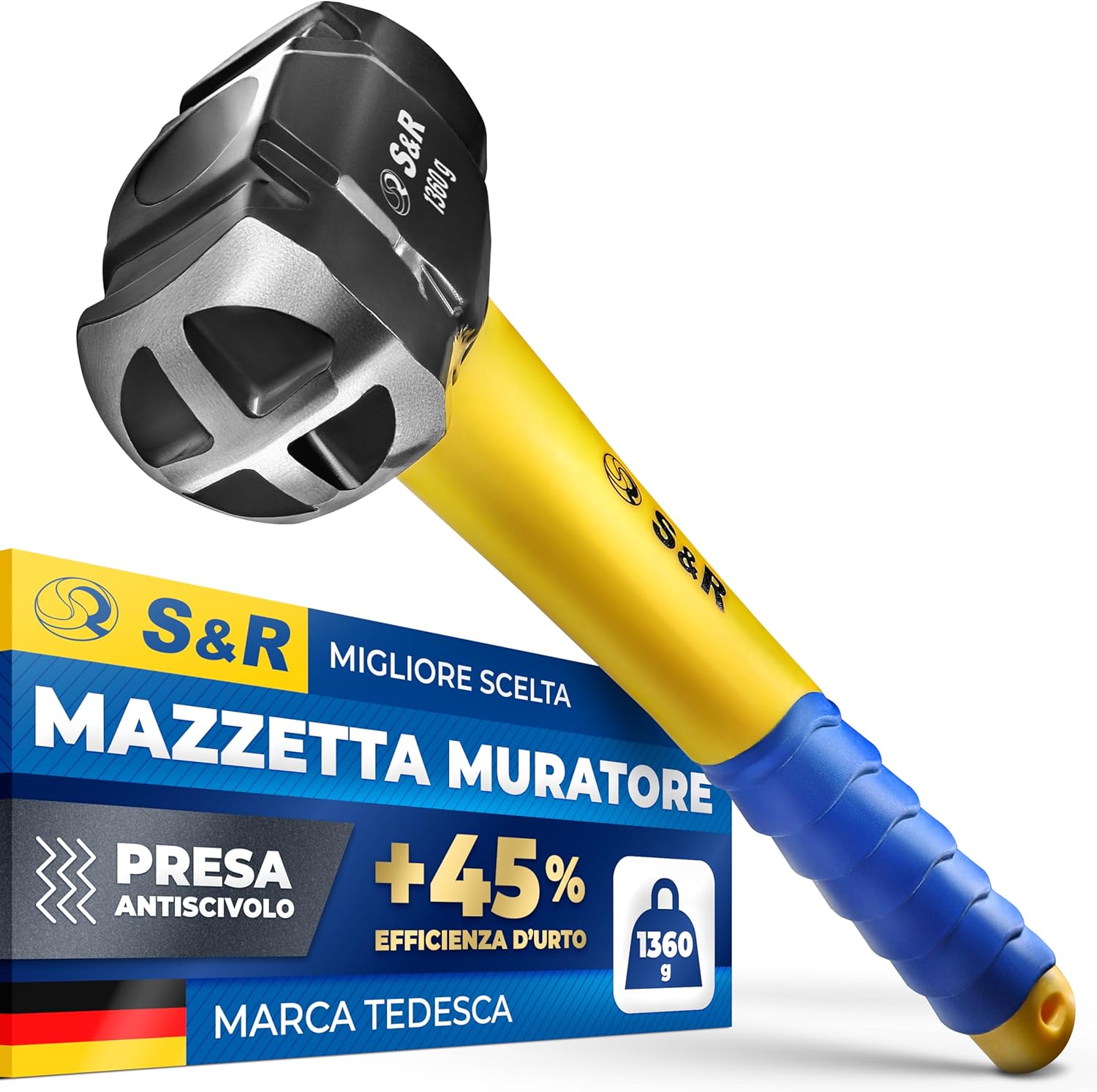 S&R Mazzetta da Muratore 1360 g – Martello Demolitore a Croce in Acciaio temprato 38–48 HRC, Impugnatura Ergonomica in Fibra di Vetro