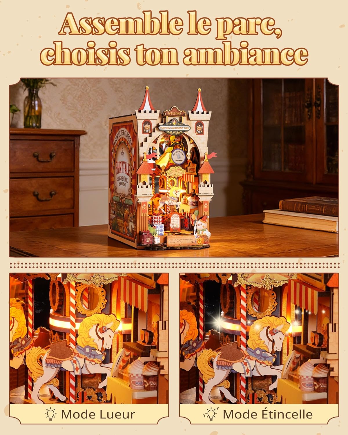 Detalle de Rolife Book Nook Parc d'Attractions Féérique – Kit puzzle 3D en bois avec éclairage