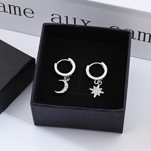 Thumbnail 6 de 925 Sterling Silver Moon & Star Huggie Hoop Earrings – Handmade Drop Dangle Jewellery