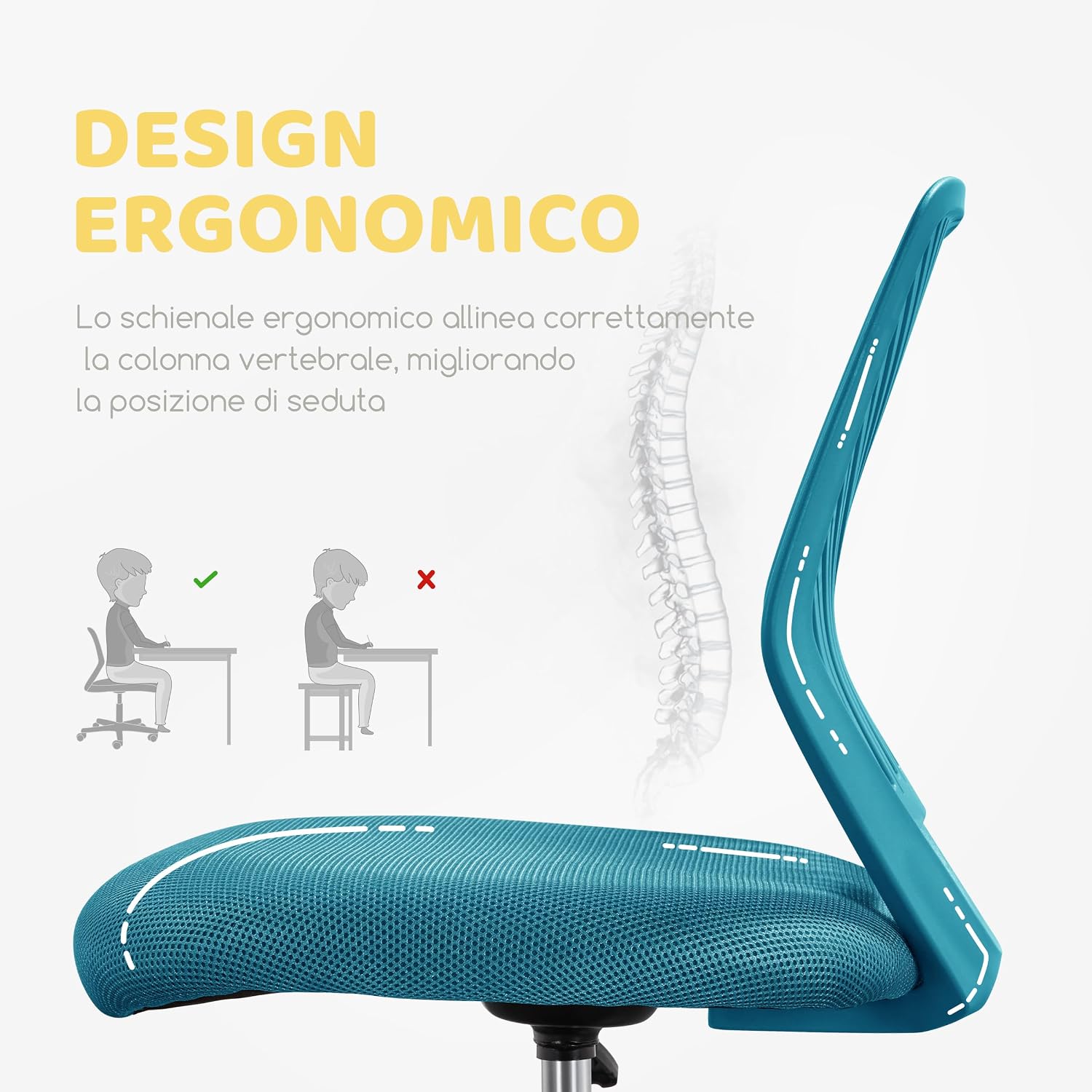 Thumbnail 3 de Yaheetech Sedia Ufficio Senza Braccioli con Ruote, Ergonomica e Regolabile, Turchese