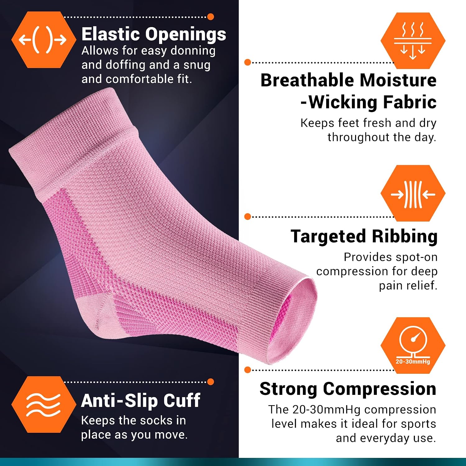 Detalle de PhysFlex Ankle Compression Socks, 20–30 mmHg, Pink, 1 Pair