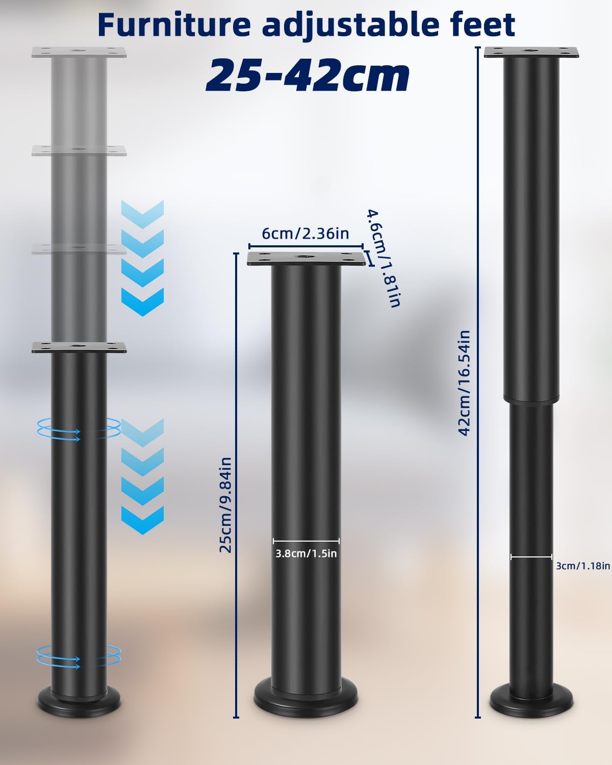 Detalle 2 de Cexovo 1 justerbara möbelben i stål, 25–42 cm, svarta
