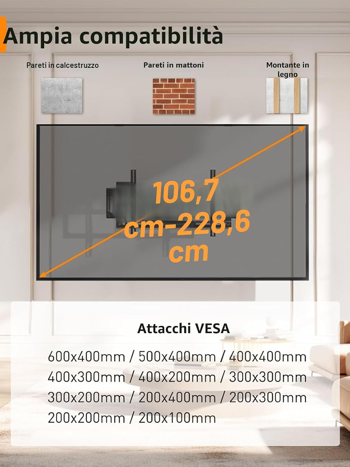 Detalle 2 de Perlegear supporto TV parete a movimento per TV da 42 a 90 pollici, fino a 68 kg – inclinazione, rotazione ed estensione senza attrezzi