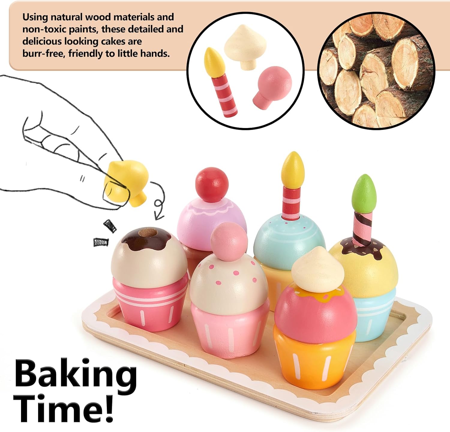 Thumbnail 2 de HERSITY Cupcake Holzspielzeug-Set für die Kinderküche – Torten, Dekorationen und Backutensilien