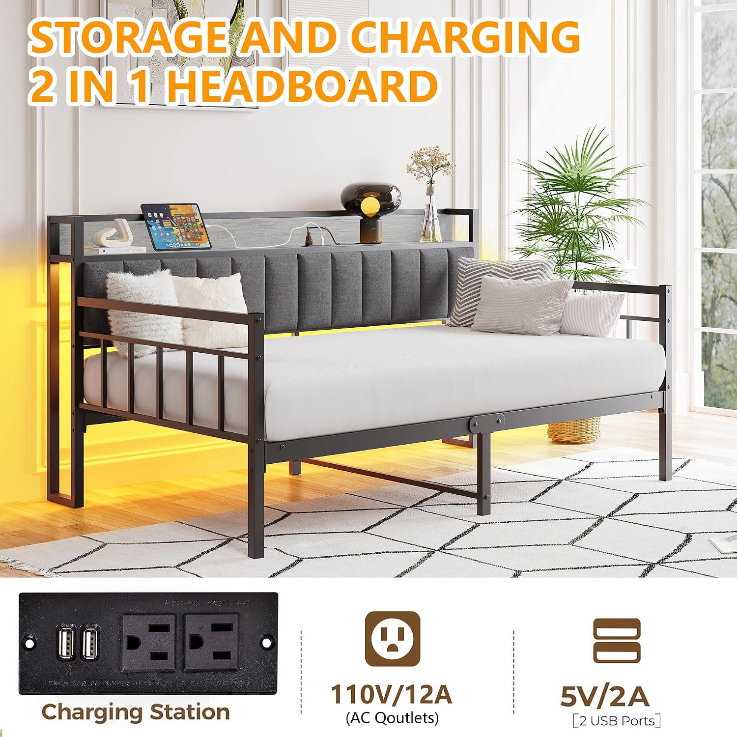 Detalle 1 de BOFENG Twin Daybed Frame with LED Lighting, Charging Station and Storage Headboard