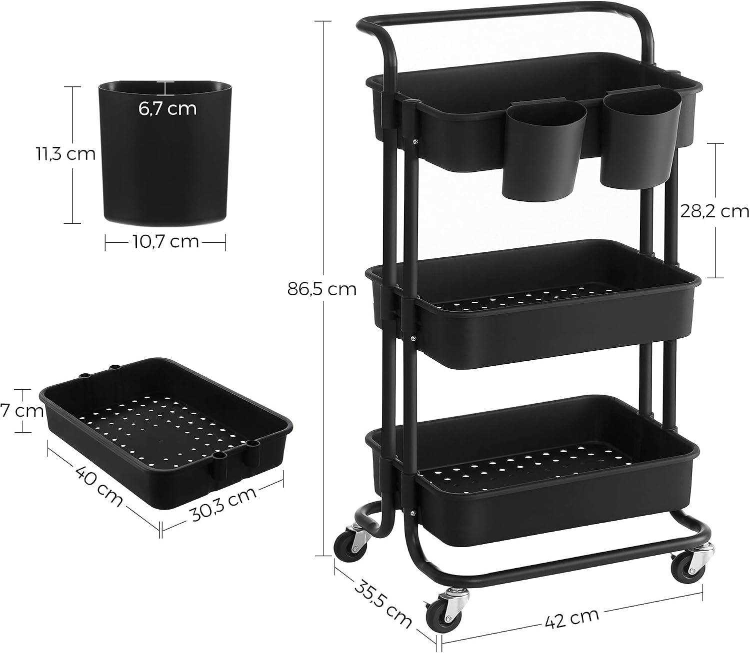 Detalle de SONGMICS BSC067B01 3-Tier Rolling Cart with Steel Frame and Plastic Baskets
