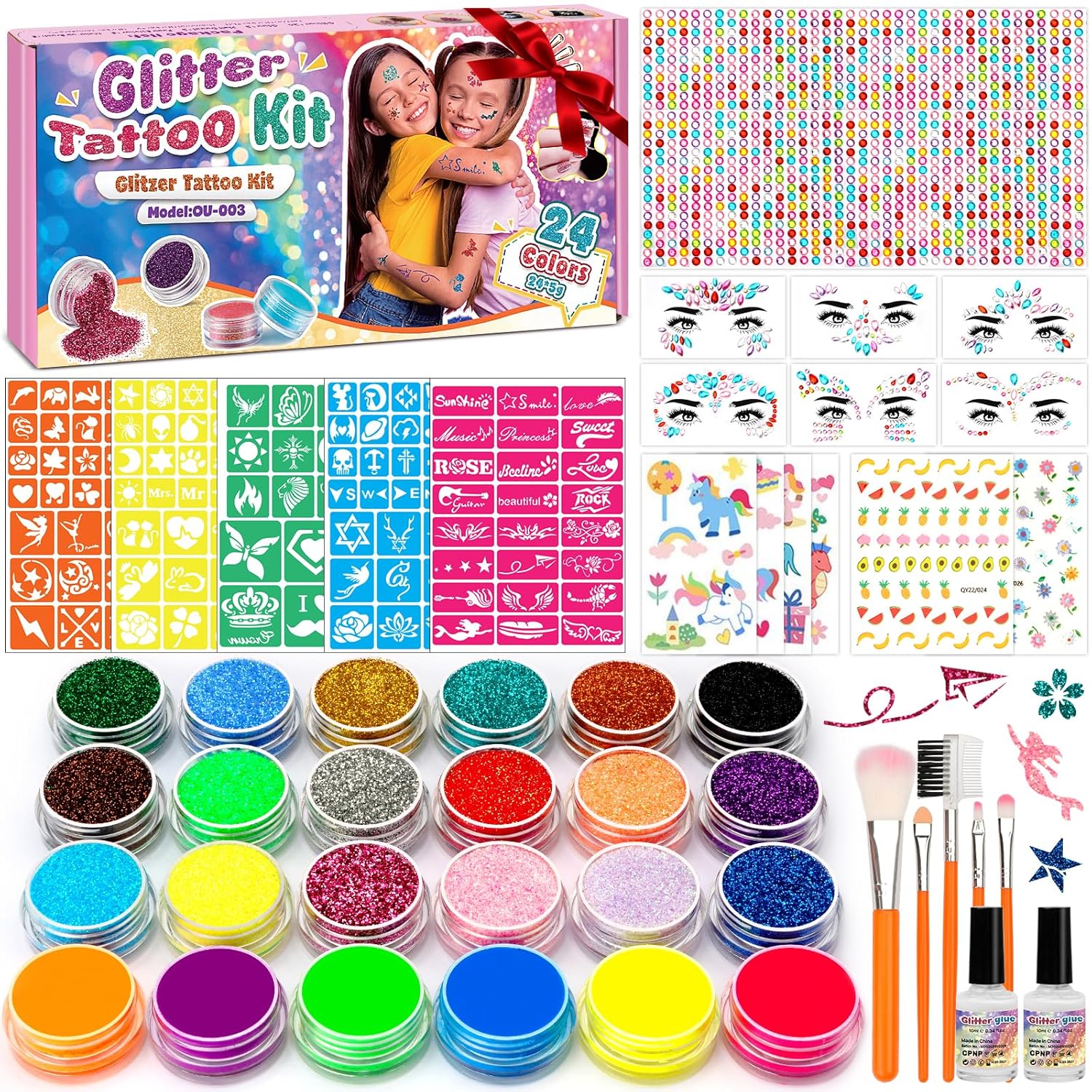 Detalle de Glitzer Tattoo Set Kinder – 24 Glitzerfarben, 150 Schablonen und mehr für kreative Hautkunst