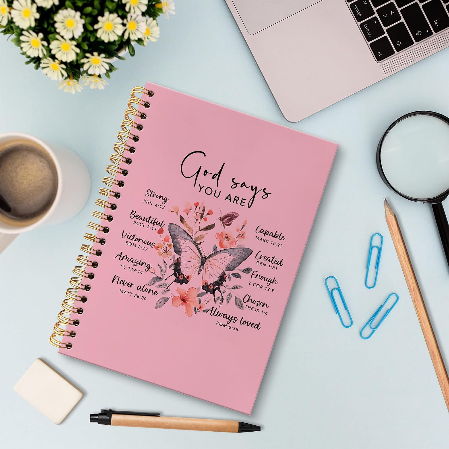 Detalle de huester Inspirational Christian Butterfly Spiral Notebook, Pink Hardcover, 5.5 x 8.3 in